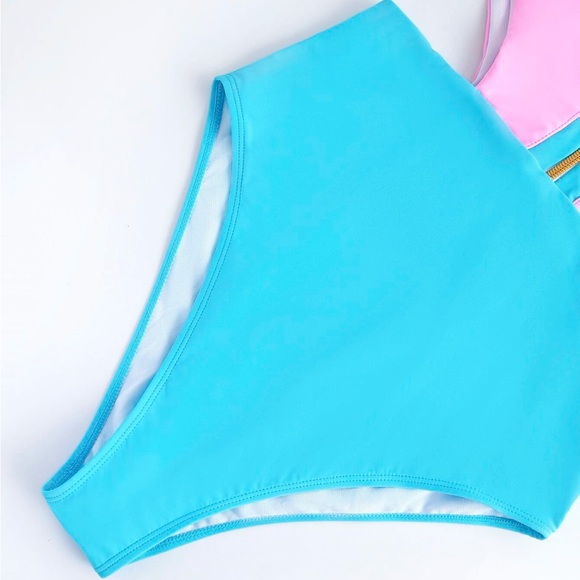 Colorblock Pink Turquoise Blue Green One Piece Swimsuit - Picture 9 of 11